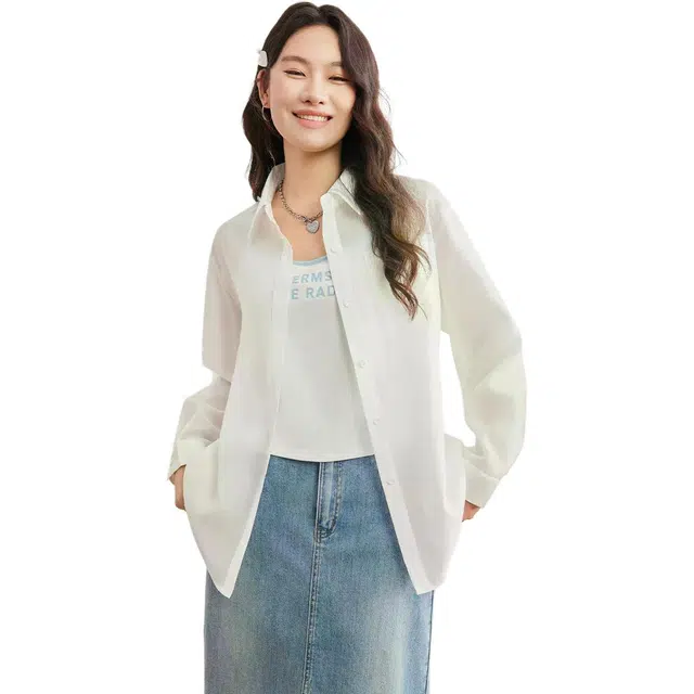 爱依服 简约宽松百搭纯色常规长袖立领通勤衬衫 女款