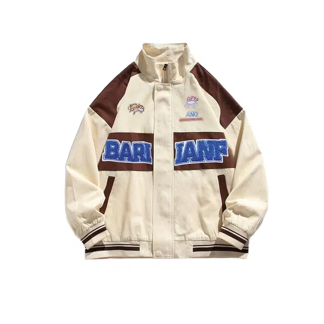 桴生 复古拼色字母植绒工装潮牌宽松休闲夹克外套 女款