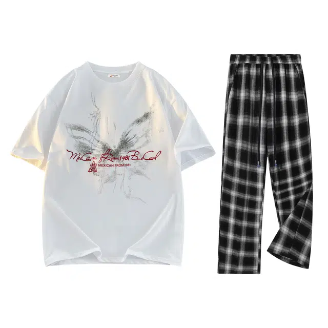 稻草人 美式高街虚幻蝴蝶品牌字母图案套头圆领短袖日常通勤格子宽松学院风百搭阔腿垂感长裤休闲运动套装 男女同款