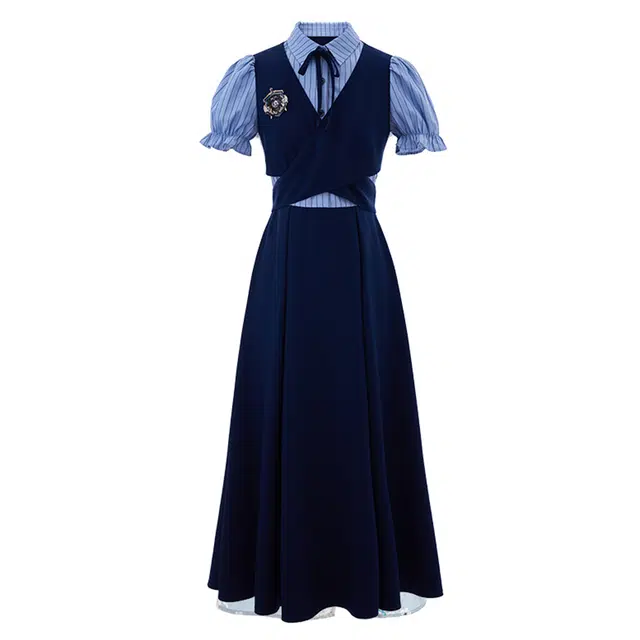 费尔岛上的猫 韩系学院风拼接蝴蝶结绑带收腰假两件长裙短袖连衣裙 女款