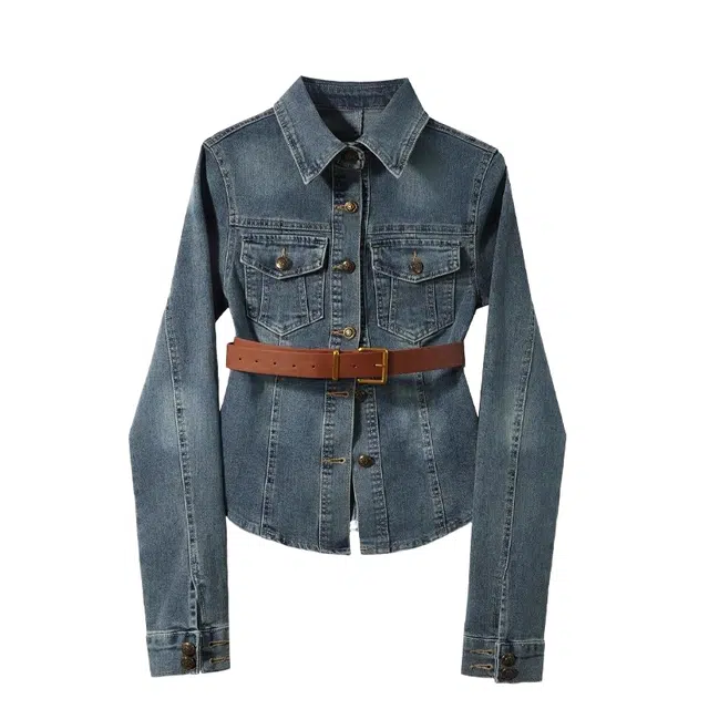 桴生 韩版时尚百搭修身显瘦长袖女设计感牛仔外套 女款