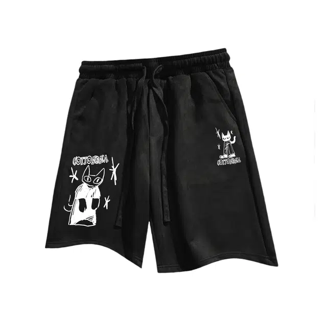 棉基因 美式复古高街潮流多巴胺手绘小猫咪插画直筒纯色简约无性别主义基础运动户外百搭时尚宽松舒适通勤抽绳中腰休闲短裤 男女同款