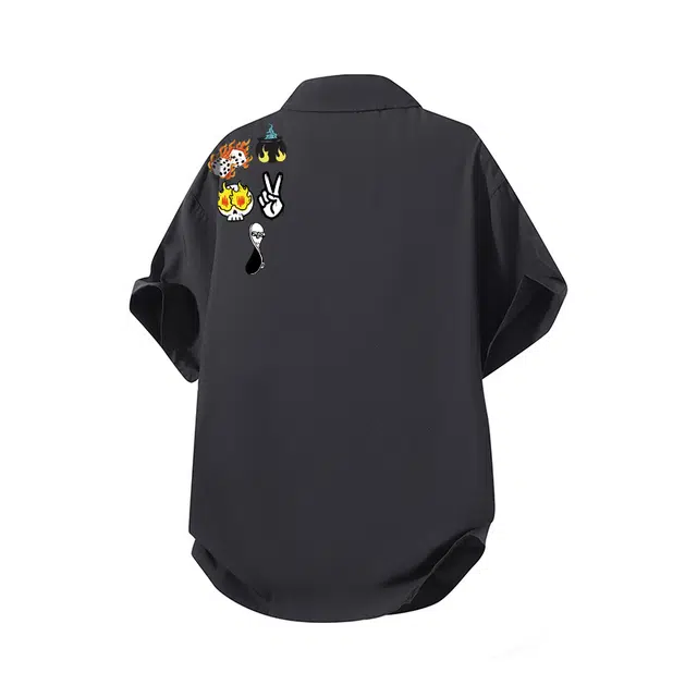 红蜻蜓 美式高街卡通图案高级感设计感高级宽松休闲百搭日常通勤潮流时尚简约短袖衬衫 男女同款