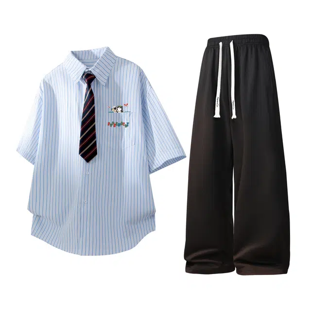 吾皇猫 日系小清新竖条纹撞色小领带装饰高级感设计宽松百搭直筒垂感拖地休闲短袖衬衫套装 男女同款