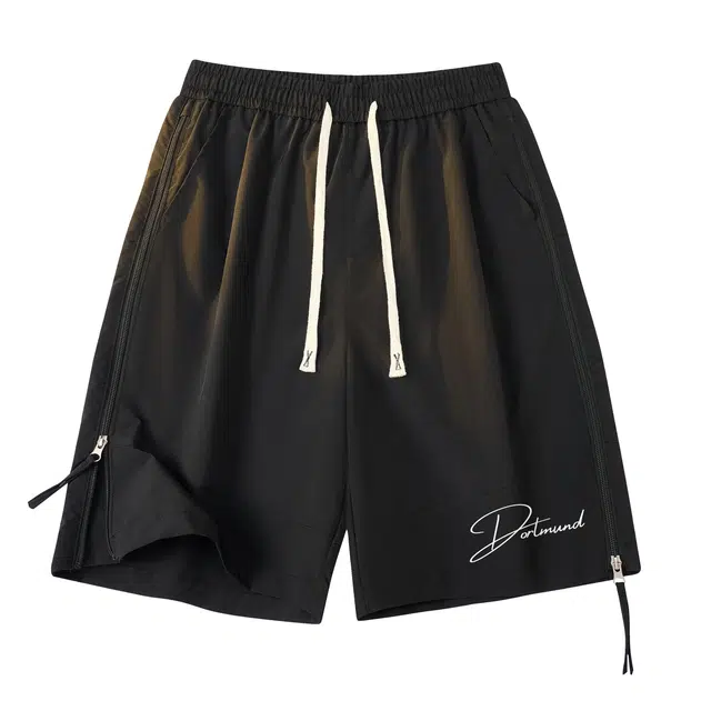 普鲁士多特蒙德 美式复古街头简约基础侧边设计纯色手写花体潮牌印花宽松舒适百搭通勤透气凉感吸湿排汗速干运动五分休闲短裤 男女同款