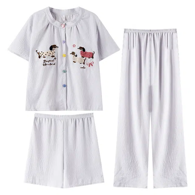 俏韵 圆领卡通凉感薄款短袖长裤三件套舒适家居服可外穿夏季睡衣套装 女款