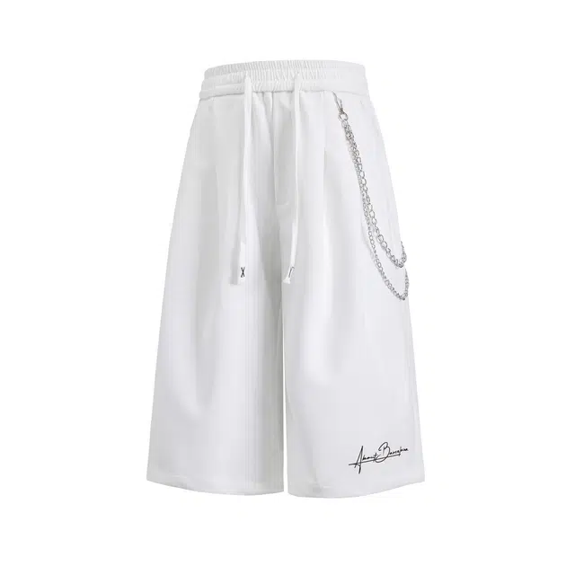 巴塞罗那足球俱乐部 复古高街时尚金属链绳装饰宽松垂感过膝七分裤无性别主义简约基础纯色运动百搭松紧腰休闲短裤 男女同款