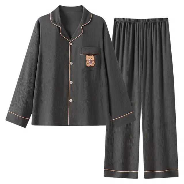 顶瓜瓜 长袖长裤翻领开衫简约卡通小熊休闲舒适两件套家居服睡衣套装 男女同款