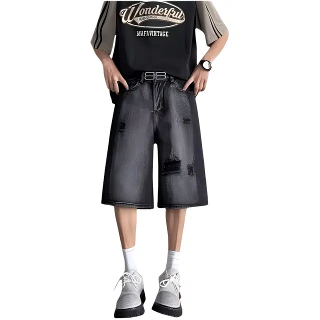 木木兔 美式高街破洞复古潮牌直筒休闲百搭小众时尚设计感七分裤牛仔短裤 男款
