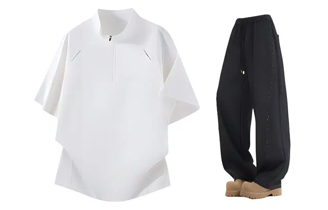 梓润格 无性别主义夏季凉感户外速干立领宽松百搭反光条莱赛尔斜切弯刀抽绳直筒短袖长裤休闲运动套装 男女同款