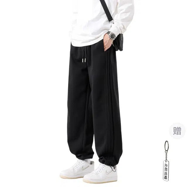 北欧攻略 基础款纯色拼接抽绳松紧四季款直筒可束脚百搭中腰休闲裤 男女同款