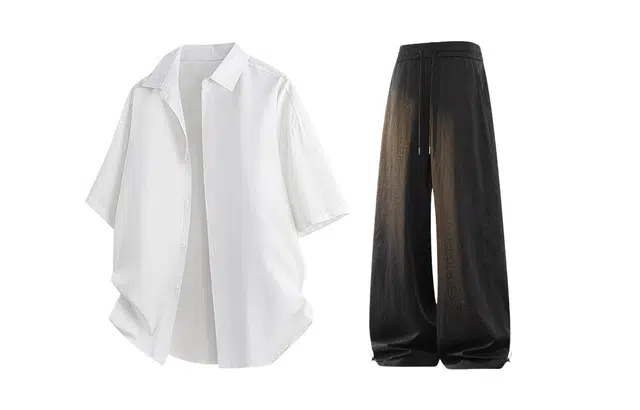 梓润格 学院风无性别主义衬短袖宽松上衣薄款解构垂感透气百搭阔腿裤休闲运动套装 男女同款