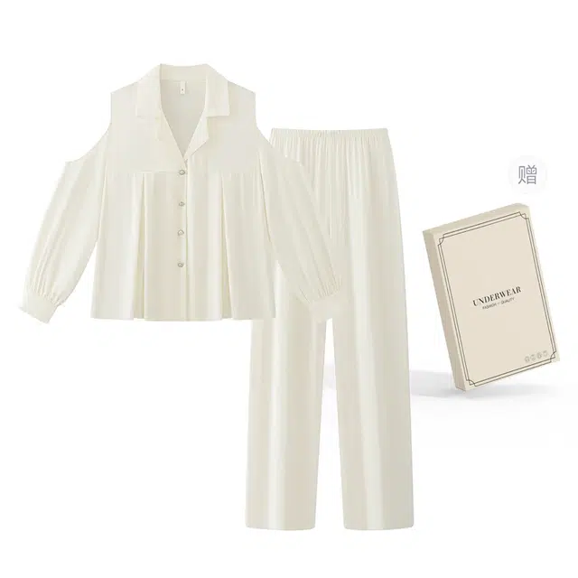 俏韵 翻领长袖凉感甜美薄款舒适家居服可外穿长裤夏季睡衣礼盒 女款