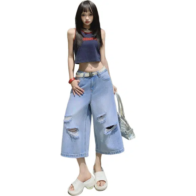 么宁 设计感破洞休闲时尚潮流百搭宽松毛边七分中裤牛仔短裤 女款