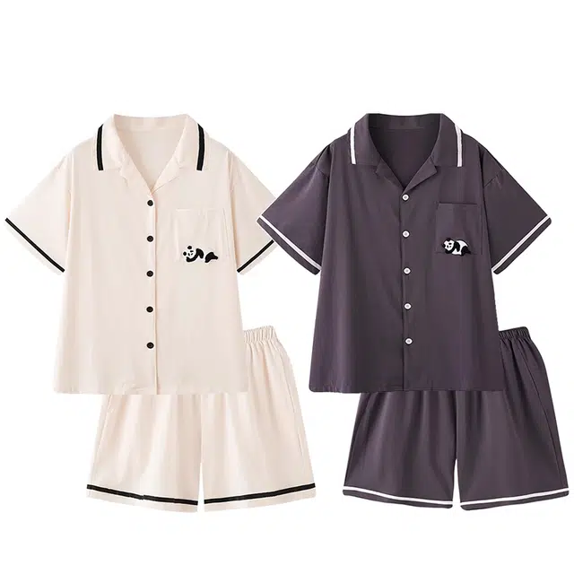 俏韵 翻领可爱熊猫短袖家居服可外穿三分裤夏季睡衣套装 男女同款