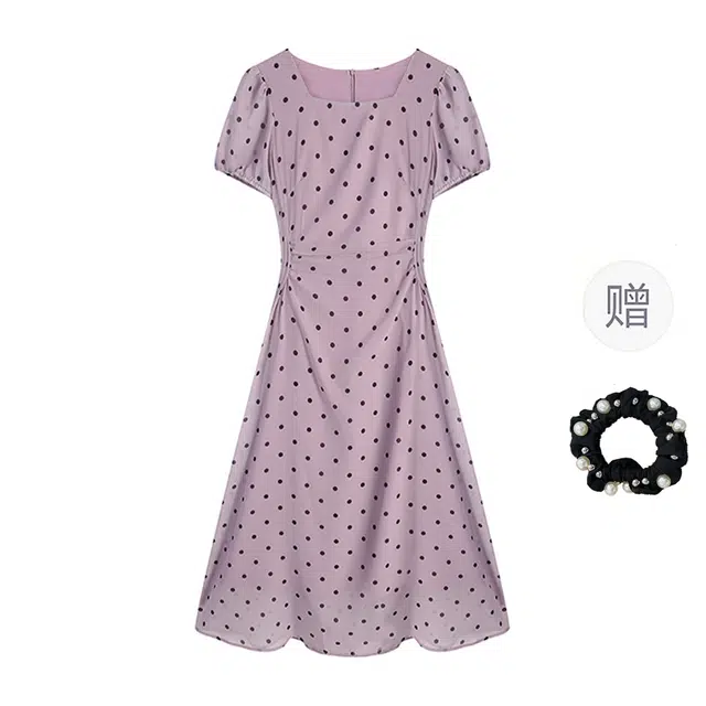 雾闪闪 优雅百搭时尚气质法式短袖连衣裙 女款