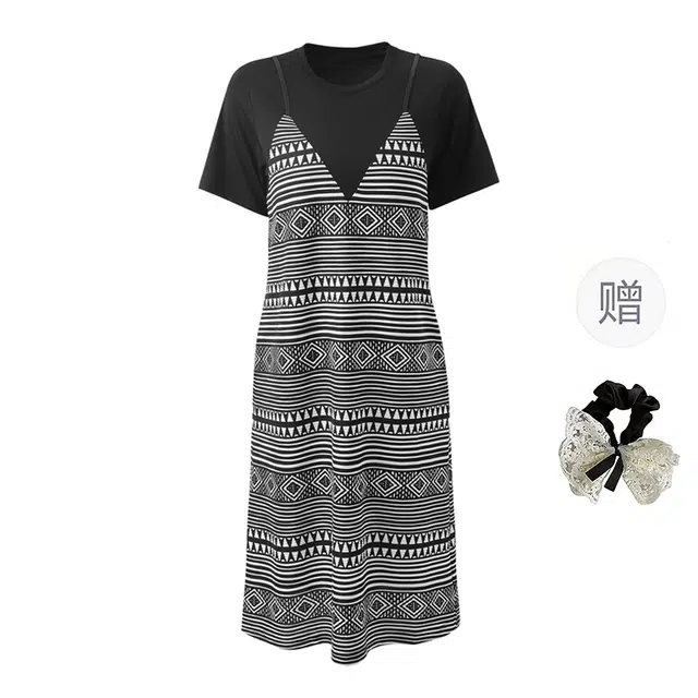 涂诗菲 提花设计感拼接假两件复古高级感通勤短袖连衣裙 女款