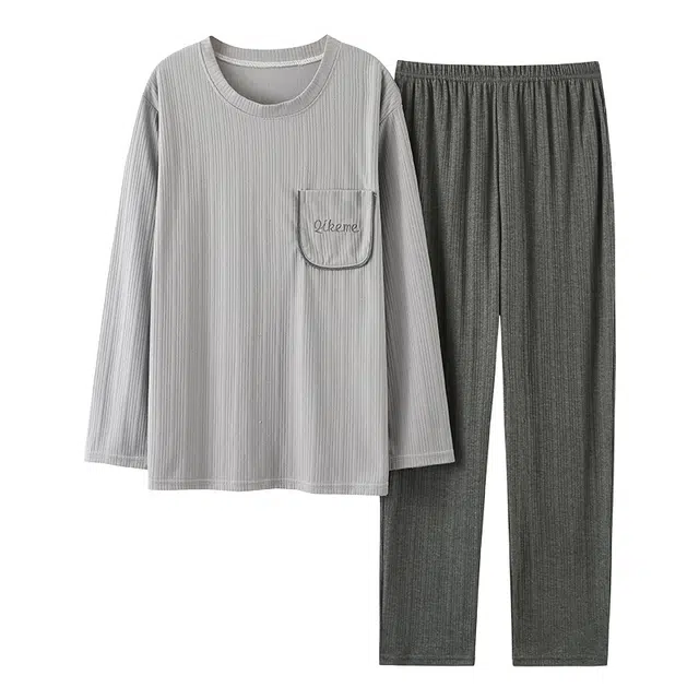 莫代尔 耐磨耐穿时尚气质百搭圆领套头简约舒适柔软细腻无束缚长袖长裤家居服可外穿睡衣套装 男款