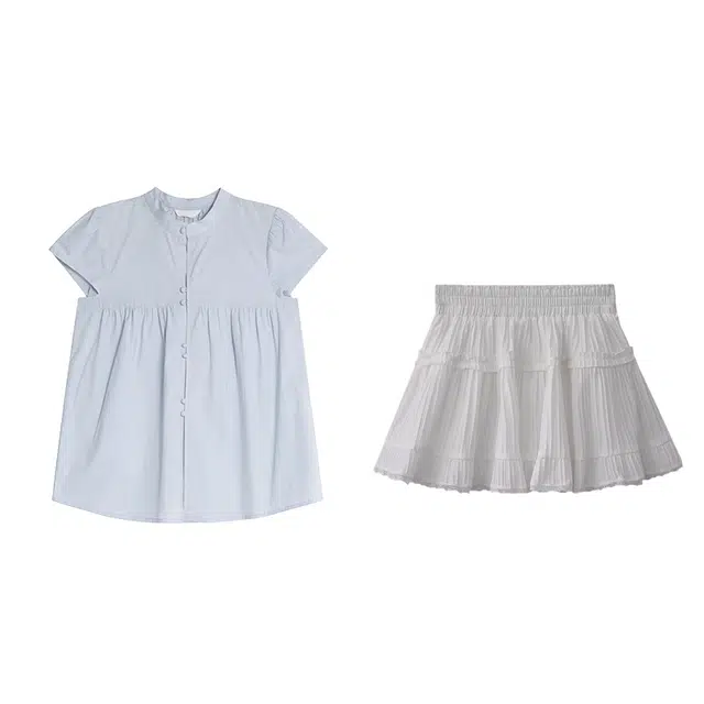 敲模女孩 法式可爱风立领飞袖宽松捏褶衬衫上衣高腰蓬蓬蛋糕短裙裙装套装 女款