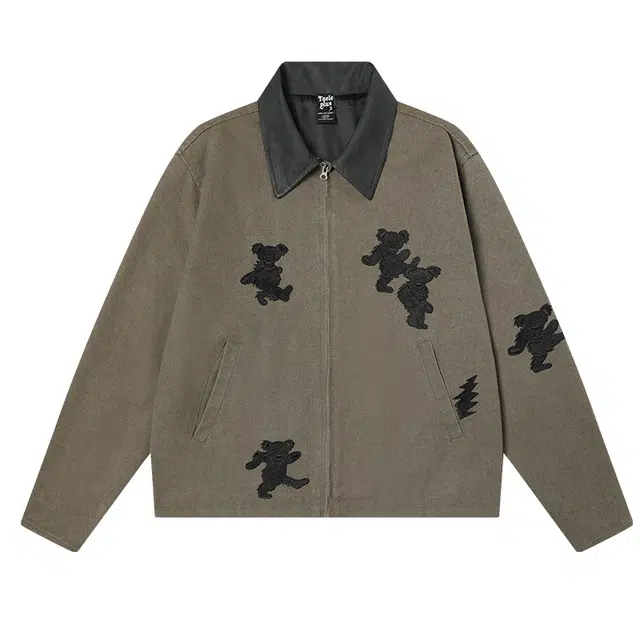 永言 美式复古牛仔刺绣小熊棉服潮牌宽松休闲流行帅气百搭翻领夹克外套 男女同款