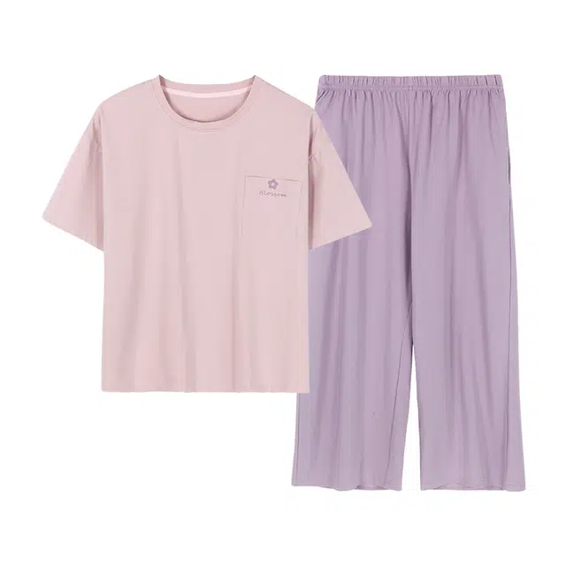 莫代尔 舒适柔软亲肤细腻圆领套头气质时尚百搭宽松显瘦短袖七分裤不易起球家居可外穿睡衣套装 女款