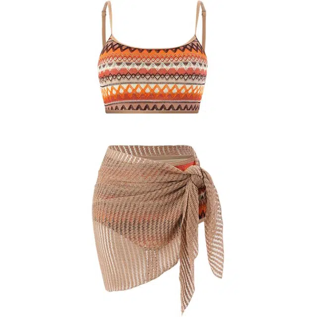 木清清 沙滩女高级感比基尼海边度假性感三件套高腰分体泳衣套装 女款