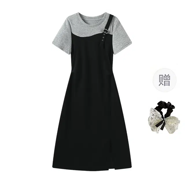 涂诗菲 韩版拼接水钻卡扣假两件开叉皱褶中长款大码短袖连衣裙 女款