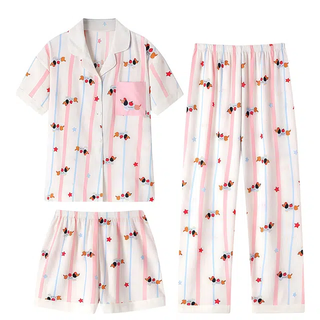 俏韵 翻领卡通凉感薄款短袖舒适家居服可外穿睡衣套装 女款