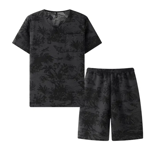 宫蝶 休闲凉感短袖复古风家居服可外穿薄款五分裤夏季睡衣套装 男款