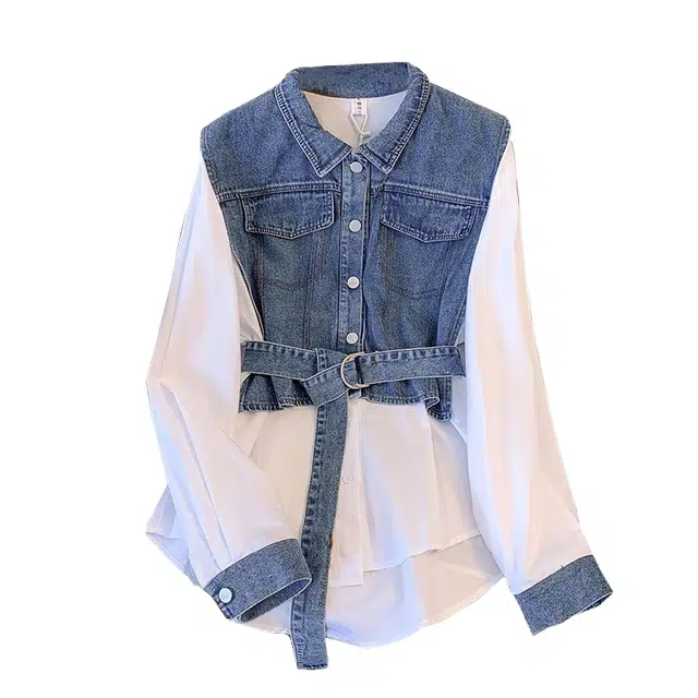 桴生 春季时尚显瘦气质假两件拼接长袖牛仔上衣衬衫 女款