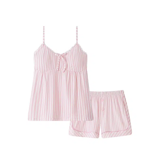 俏韵 圆领条纹短裤凉感甜美薄款家居服可外穿睡衣套装 女款
