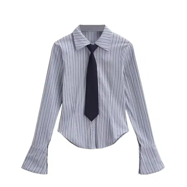 桴生 青春学院风条纹减龄复古英伦领带喇叭袖修身少女感学妹衬衣长袖衬衫 女款