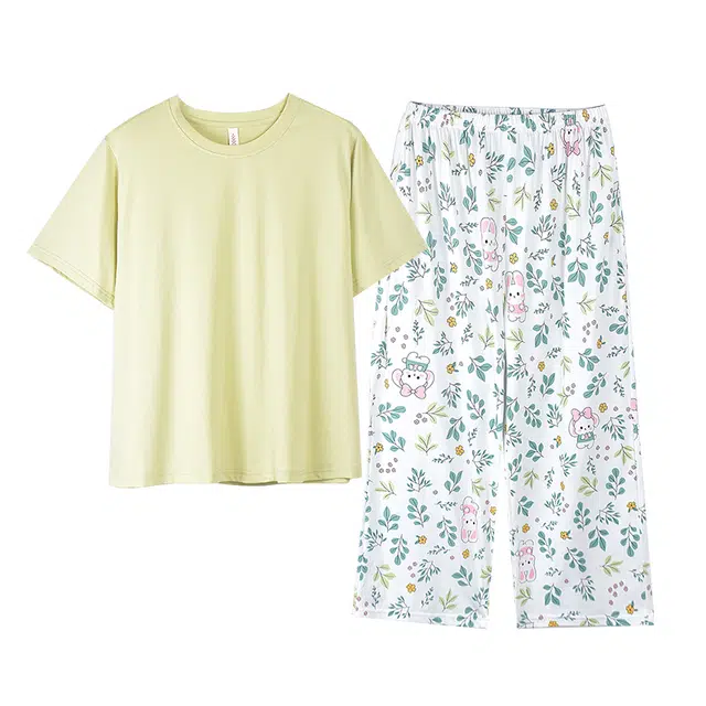 莫代尔 清新轻盈透气个性百搭圆领套头舒适轻柔亲肤细腻短袖七分裤不易起球家居可外穿睡衣套装 女款