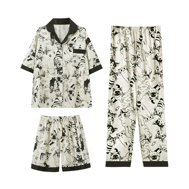 欧诗帛 可外穿带胸垫韩版冰丝凉感短袖三件套家居服夏季睡衣套装 女款