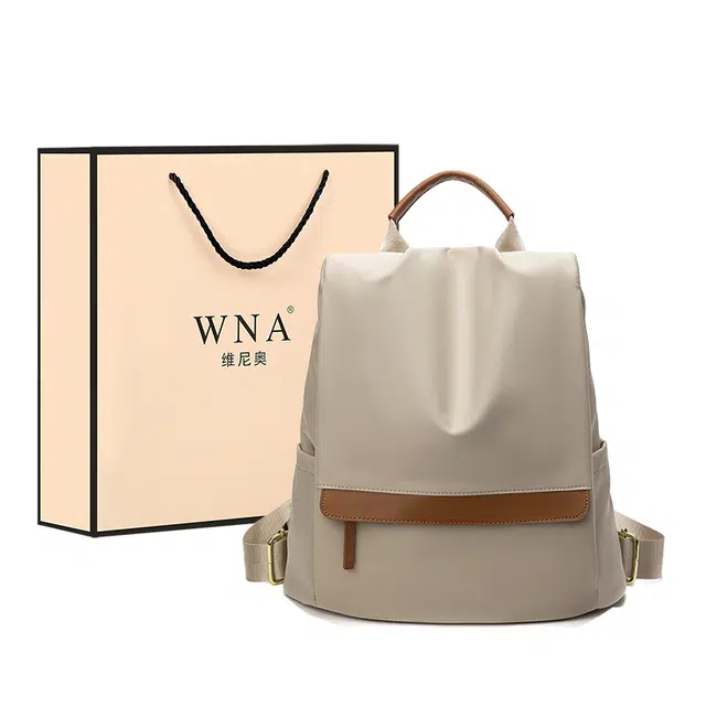 维尼奥 休闲通勤简约百搭大学生旅行背包 尼龙 双肩包 女款 黑色/杏配棕/杏灰色