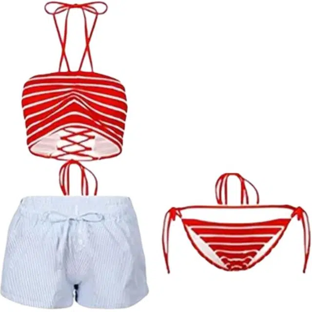 木清清 元气少女条纹性感挂脖高腰保守分体温泉度假泳衣套装 女款