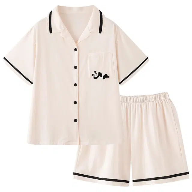 俏韵 翻领可爱熊猫短袖家居服可外穿三分裤夏季睡衣套装 男女同款