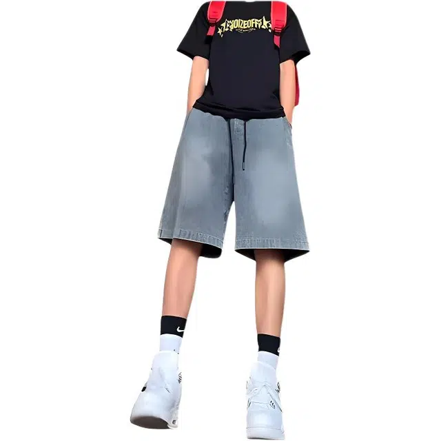 木木兔 美式复古痞帅潮牌休闲直筒百搭小众时尚设计感五分裤牛仔短裤 男款