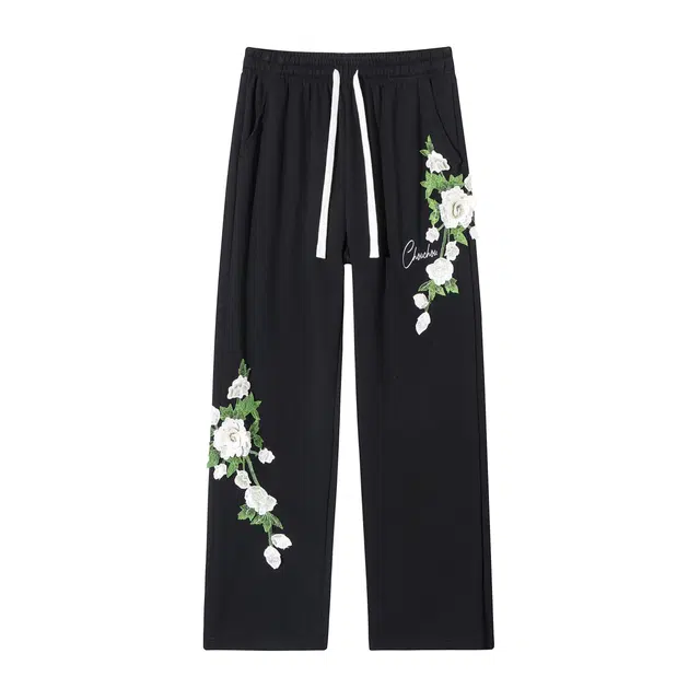 周同学 周杰伦 简约复古高街纯色百搭设计感植物花卉立体刺绣宽松运动垂感直筒弹力透气阔腿休闲裤 男女同款