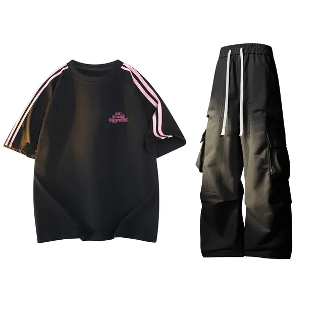 吾皇猫 美式复古高街简约基础款学院风圆领套头短袖直筒宽松工装长裤两件套潮流潮牌舒适透气时尚休闲运动套装 男女同款