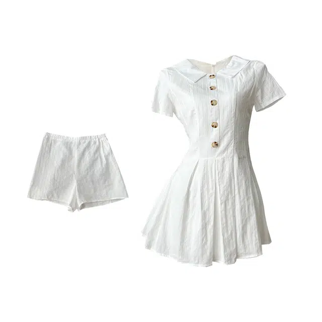 敲模女孩 学院风竖纹肌理感气质收腰衬衫百褶裙子短袖连衣裙 女款