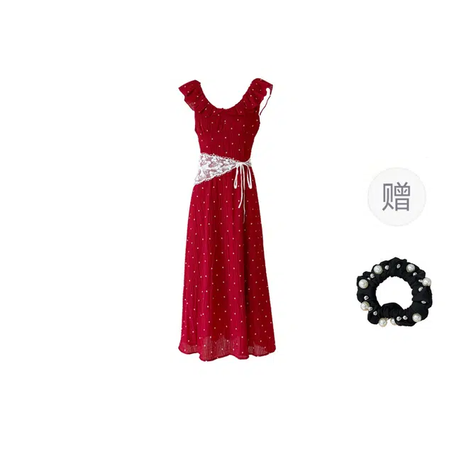 雾闪闪 轻奢海边度假风夏日绝美小裙子红色波点小飞袖短袖连衣裙 女款