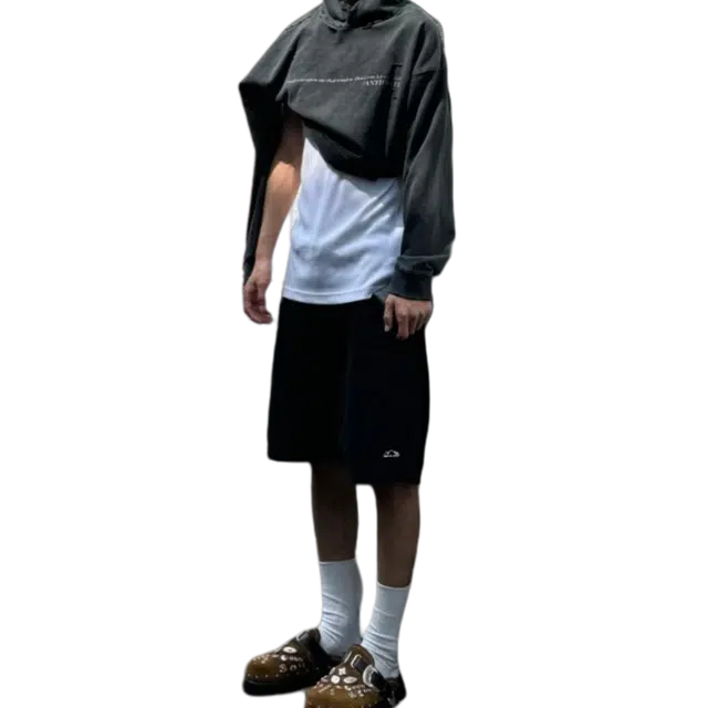冈哉 美式复古纯色简约百搭山系印花户外运动服宽松五分裤学院风少年感潮流休闲短裤 男女同款