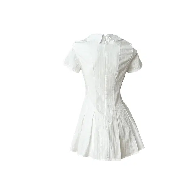 敲模女孩 学院风竖纹肌理感气质收腰衬衫百褶裙子短袖连衣裙 女款