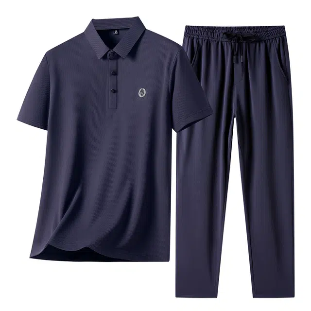 老爷车 冰丝短袖中老年爸爸弹力舒适休闲运动套装 男款