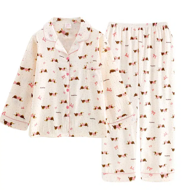 俏韵 卡通波点长袖长裤可爱翻领家居服睡衣套装 女款