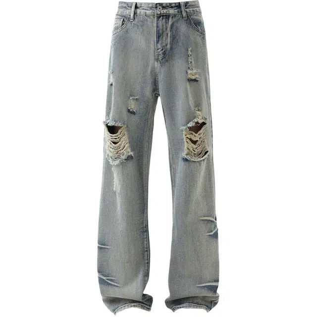 童先森 美式高街潮牌复古水洗破洞宽松直筒废土长裤牛仔裤 男款