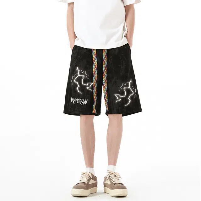 普鲁士多特蒙德 美式街头潮牌闪电荆棘字母吸湿速干中腰百搭训练透气宽松五分休闲短裤 男女同款