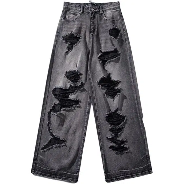 拾个壹先生 美式复古破洞乞丐高街裤子水洗做旧直筒宽松阔腿牛仔裤 男女同款