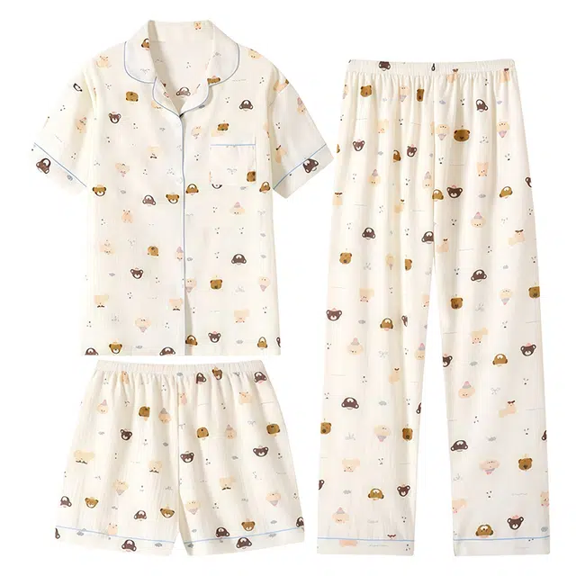 俏韵 卡通小熊翻领甜美短袖薄款家居服可外穿睡衣套装 女款